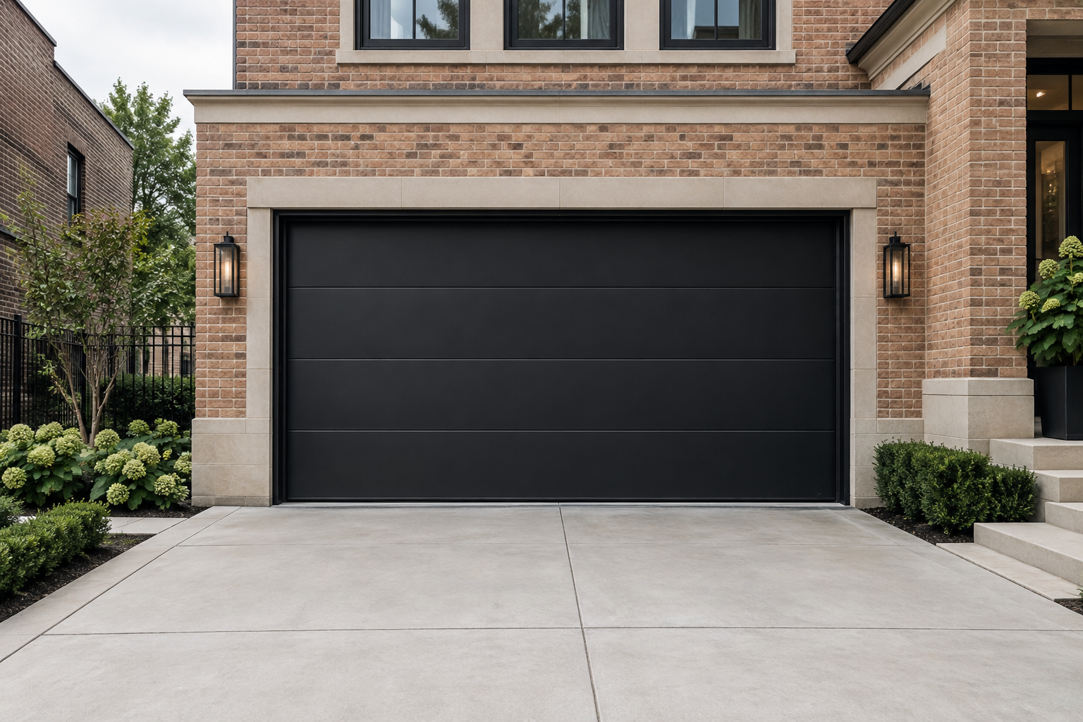 New matte-black garage door installation
